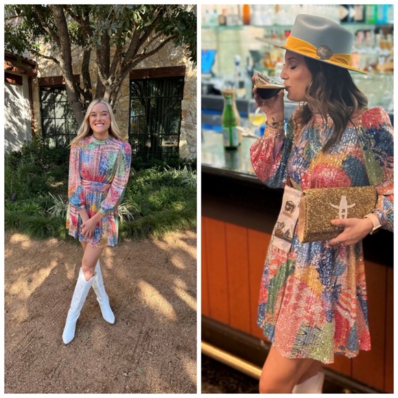 CeliaB Popa Mini Dress Sequin Rainbow Long Sleeve Medium - Picture 3 of 12